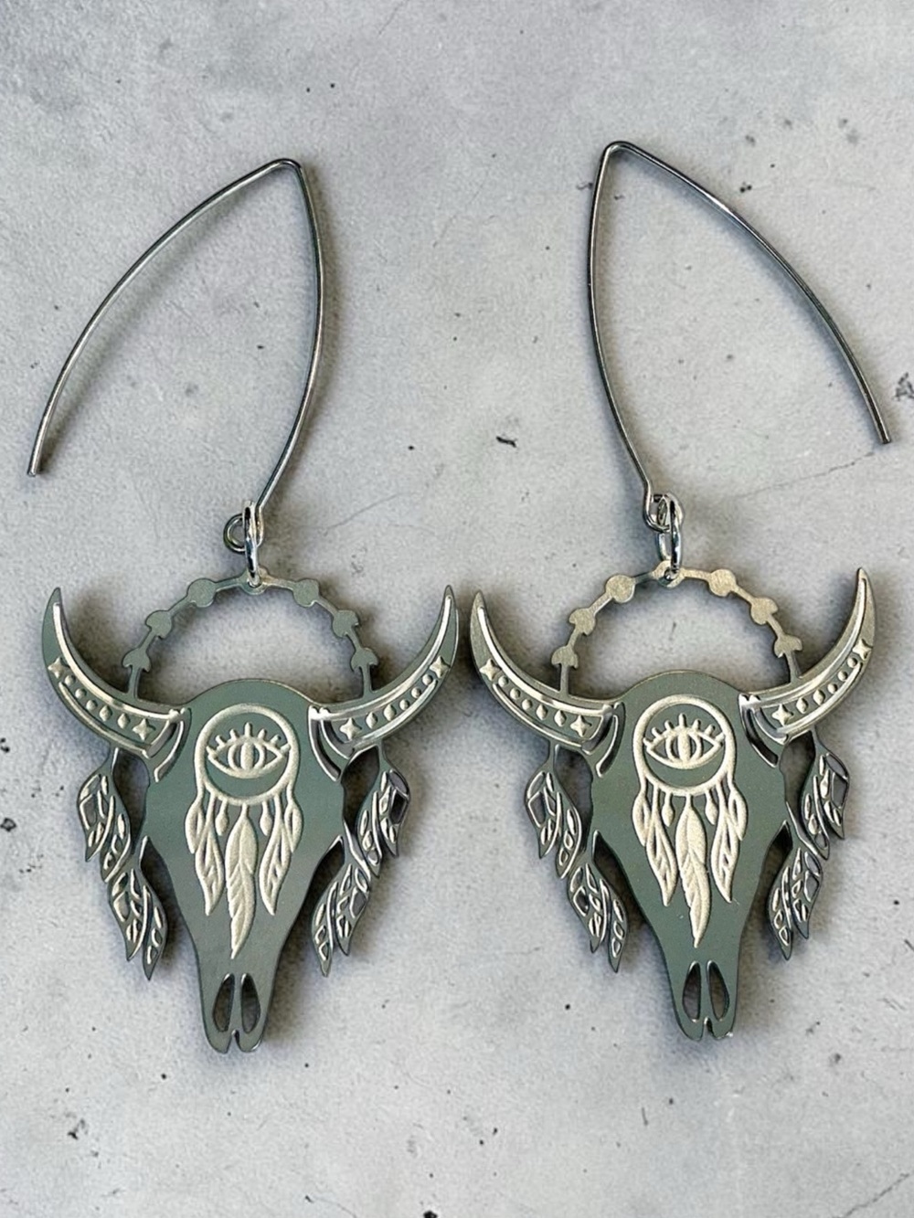 🆕 Third Eye Cow Skull Laser Etched Dangle Earrings